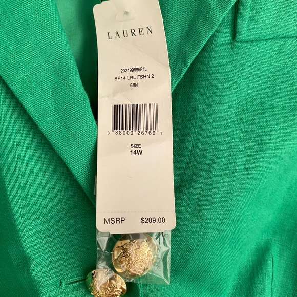 PLUS Ralph Lauren NWT 100% Linen Green & Gold Button Down Fully Lined Blazer 14W - Picture 7 of 11